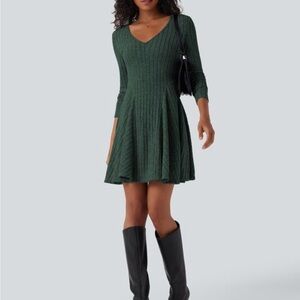 Ribbed Knit V Neck Long Sleeve Flare Mini Casual Dress